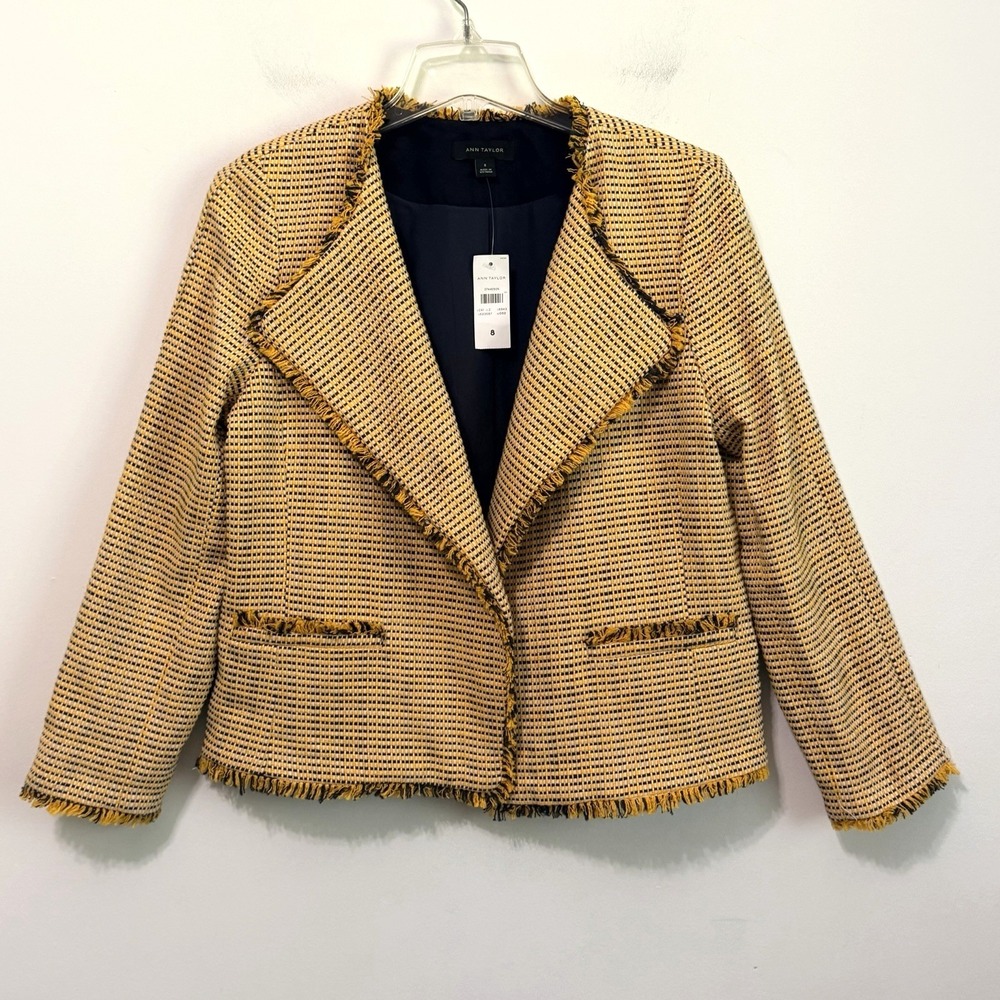 Ann Taylor Blazer 8 Yellow Navy Tweed Fringe Open Front Jacket Business NEW